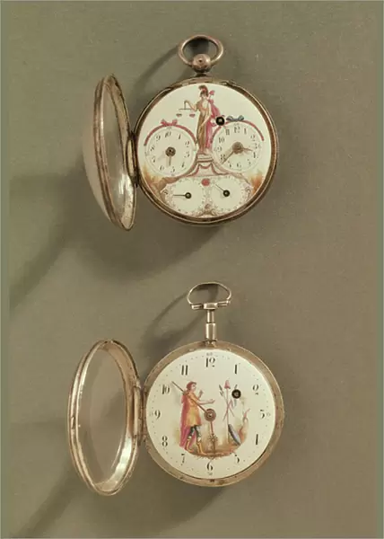 Two pocket watches decorated with Revolutionary symbols (metal & enamel)