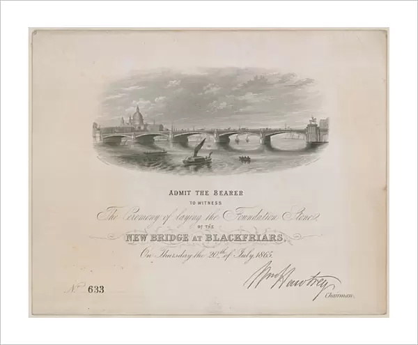 Blackfriars Bridge. Invitation to ceremony for laying the foundation stone, 20 July 1865 (engraving)