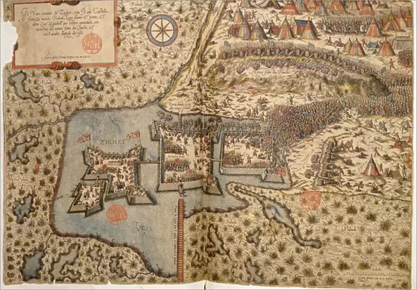 General view of the Battle of Szigetvar, 1566 (coloured engraving)