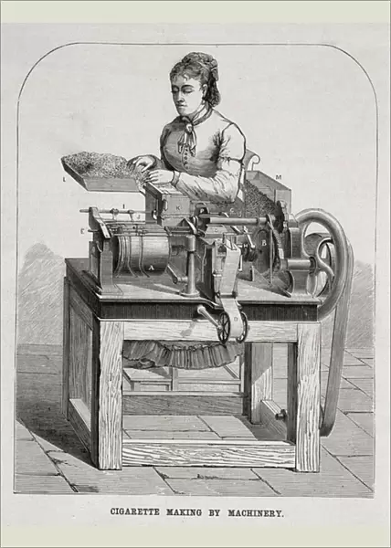 A woman operating a French cigarette-rolling machine, 1878 (engraving)