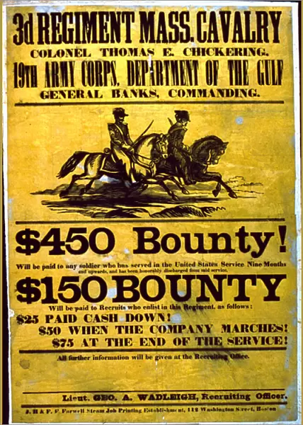 A recruitment poster for the 3rd Regiment, Massachusetts Cavalry, 1863-65 (colour litho)