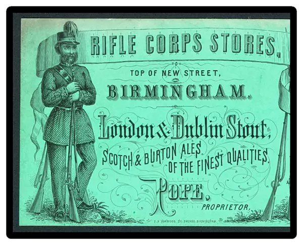 Rifle Corps Stores, trade card for the proprietor, Pope (coloured engraving)
