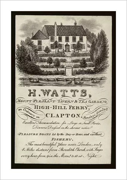 Advertisement for H Watts Mount Pleasant tavern and tea garden, High-Hill Ferry, Clapton (engraving)