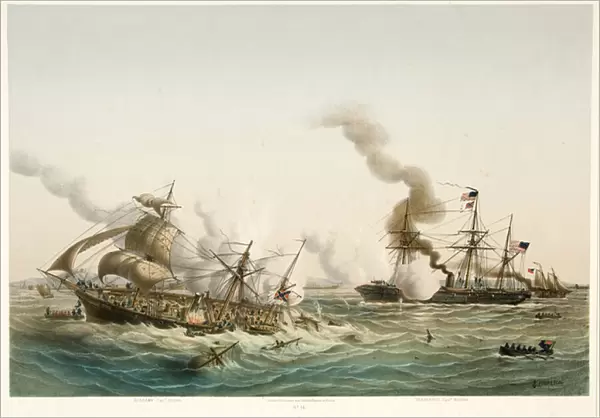 Naval Engagement between the Kearsage and the Alabama, 1864 (colour lithograph)