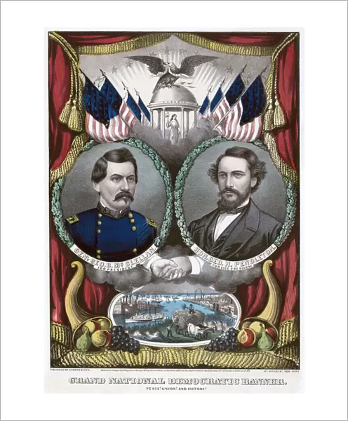 Grand National Democratic banner. Peace! Union! and victory!, 1864 (colour lithograph)