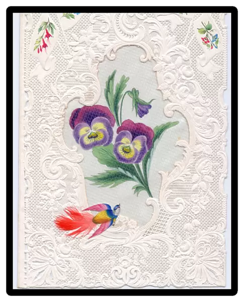 A Victorian blind embossed paper lace greeting card of a bird
