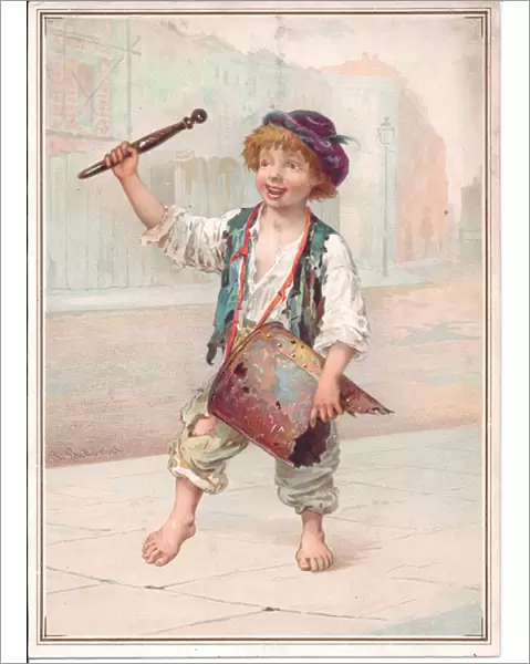 A Victorian card of a ragamuffin banging a tin drum and walking down a street, c
