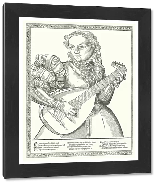 Woman playing a lute (engraving)