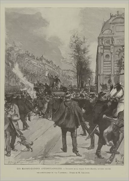 Les Manifestations Antiboulangistes, Incident de la place Saint-Michel, ou sont brules des exemplaires de 'la Lanterne'(engraving)