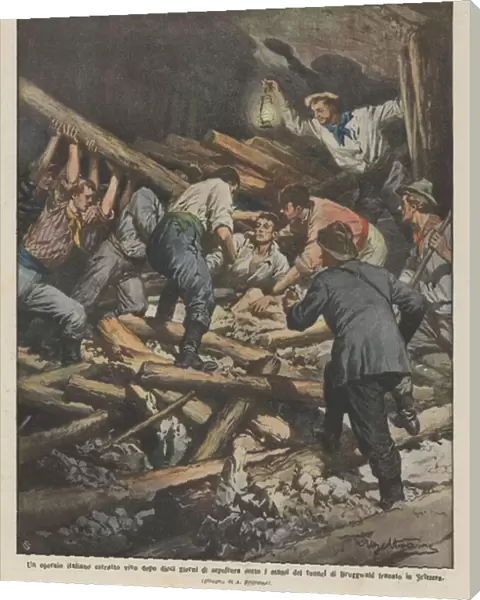 An Italian worker extracted alive after ten days of burial under the tunnel boulders... (colour litho)
