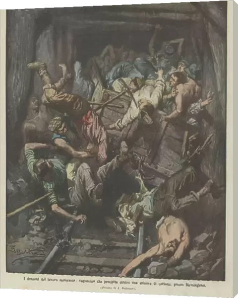 The dramas of mining, a wagon that crashes into a coal mine, near Birmingham (colour litho)