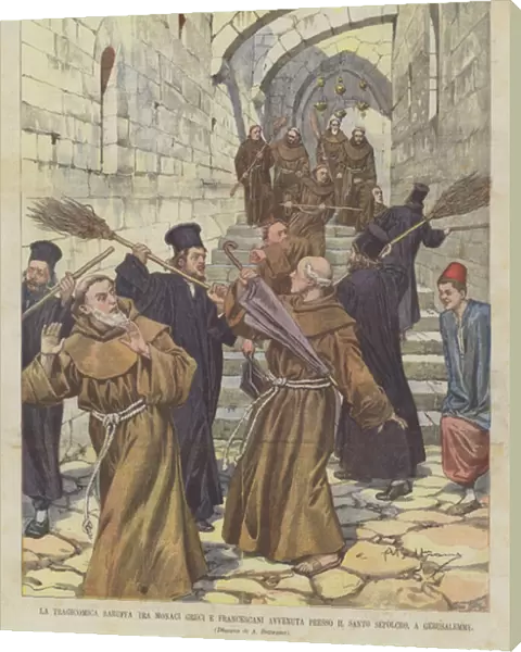 The Tragicomic Ruffle Between Greek And Franciscan Monks At The Holy Sepulchre, In Jerusalem (colour litho)