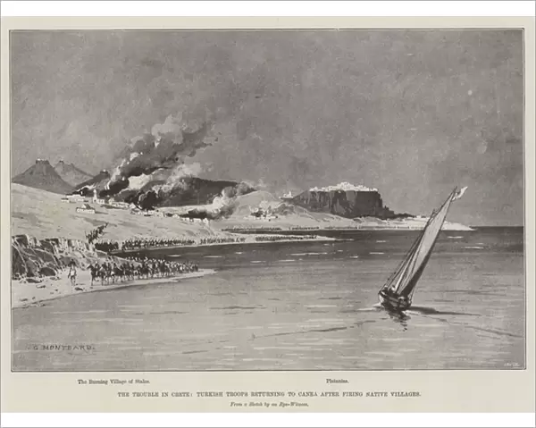 The Trouble in Crete, Turkish Troops returning to Canea after firing Native Villages (engraving)