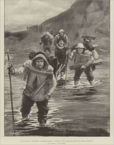 On the Way to Klondike, Packers fording a River on the Overland Route to the Gold-Fields (litho)