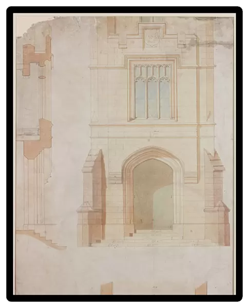 Elevation, Section and Plan of the Main Entrance of Holme Eden