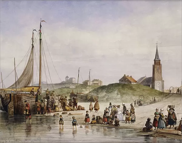 Fisherfolk on a Beach with a Town Beyond, 1857 (watercolour heightened with white)