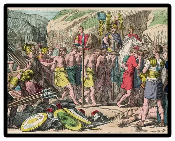 Ancient Rome: Captured enemies are harnessed, 1866 (coloured engraving)