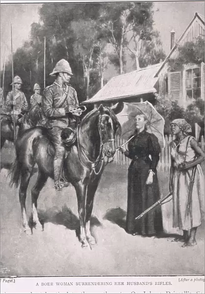 A Boer woman surrendering her husbands rifles