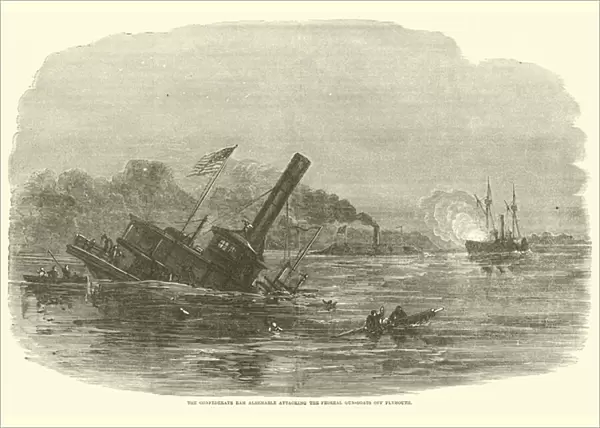 The Confederate Ram Albemarle attacking the Federal gun-boats off Plymouth, October 1864 (engraving)