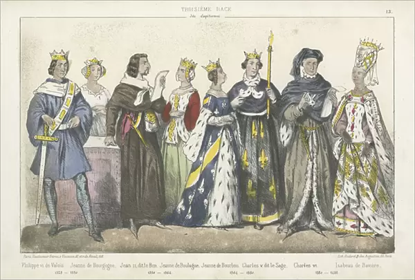 French kings and queens of the 14th and 15th Century (coloured engraving)