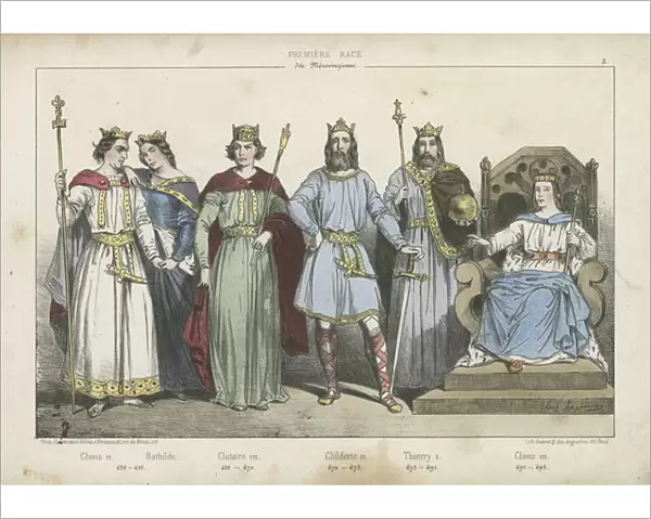 Frankish kings and queens of the Merovingian dynasty (coloured engraving)