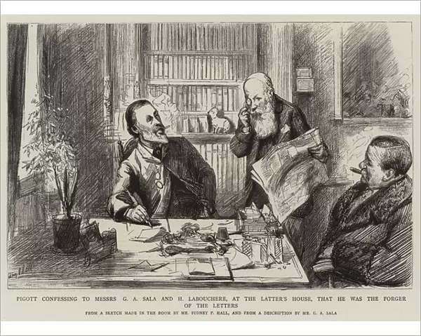 Pigott confessing to Messers G A Sala and H Labouchere, at the Latters House, that he was the Forger of the Letters (engraving)
