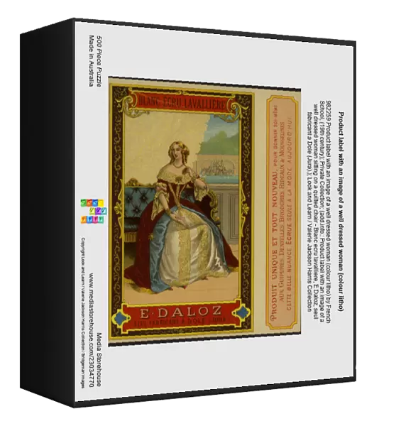 Product label with an image of a well dressed woman (colour litho)