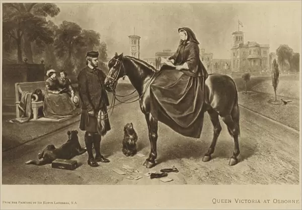 Queen Victoria sitting on a horse at Osborne (litho)