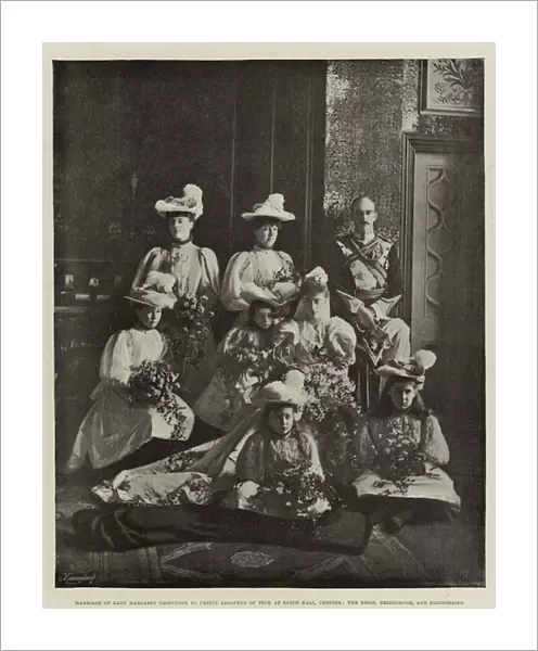 Marriage of Lady Margaret Grosvenor to Prince Adolphus of Teck at Eaton Hall, Chester, the Bride, Bridegroom, and Bridesmaids (b  /  w photo)