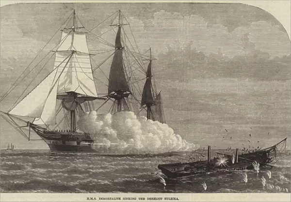 HMS Immortalite sinking the Derelict Zuleika (engraving)