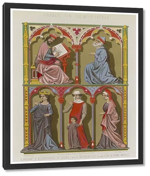 French 13th-century images of a scientist, bourgeois, a queen, bourgeoise and her son, and a noblewoman (chromolitho)