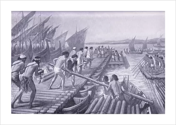 Construction of ArtaXerxes Bridge of boats by Phoenician sailors (litho)