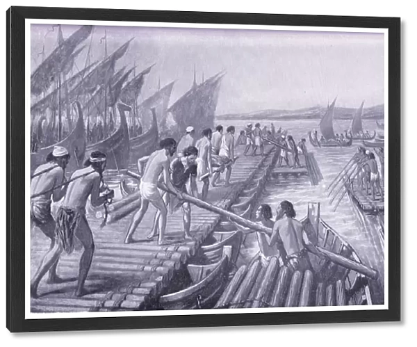 Construction of ArtaXerxes Bridge of boats by Phoenician sailors (litho)