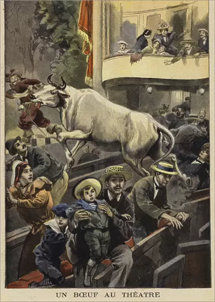 Interruption of a theatre performance by a bullock, Villefranche-de-Lauragais, France, 1897 (colour litho)