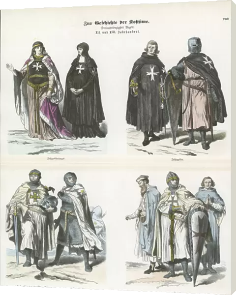 Costumes of members of the Crusading orders, 12th and 13th Century (coloured engraving)