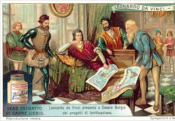 Leonardo da Vinci presenting Cesare Borgia with designs for fortifications (chromolitho)