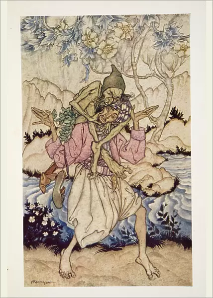 Sinbad carried the Old Man of the Sea on his shoulders, from The Arthur Rackham Fairy