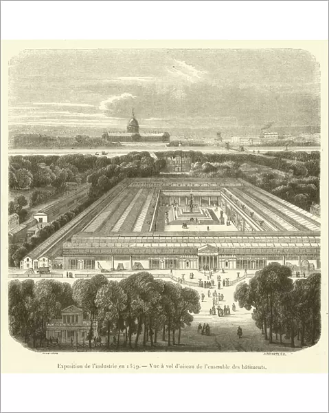 Exposition de l industrie en 1849, Vue a vol d oiseau de l ensemble des batiments (engraving)