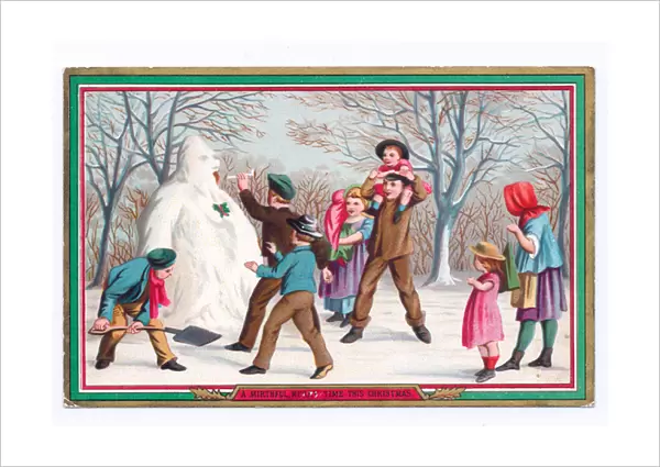 A Victorian Christmas card of children building a snowman, c. 1880 (colour litho)