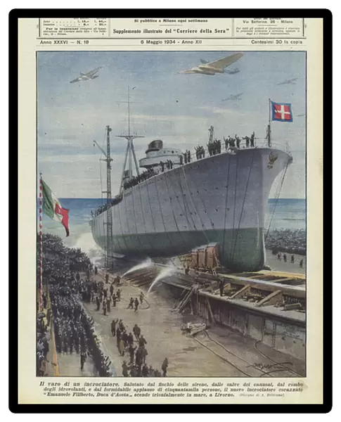 The launch of a cruiser (colour litho)