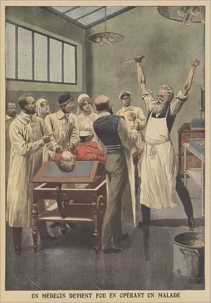 A doctor struck by a bout of insanity while operating on a sick patient in Russia (colour litho)