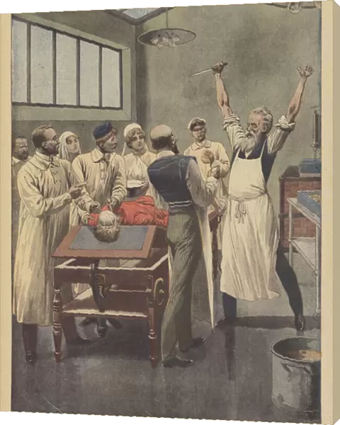 A doctor struck by a bout of insanity while operating on a sick patient in Russia (colour litho)