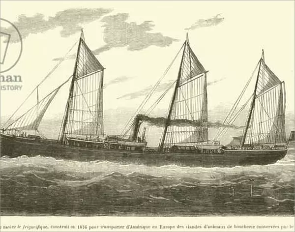 Le navire le frigorifique, construit en 1876 pour transporter d Amerique en Europe des viandes... (engraving)