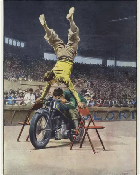 A human bow hovering between two chairs and a motorcycle that passes under it in speed (colour litho)