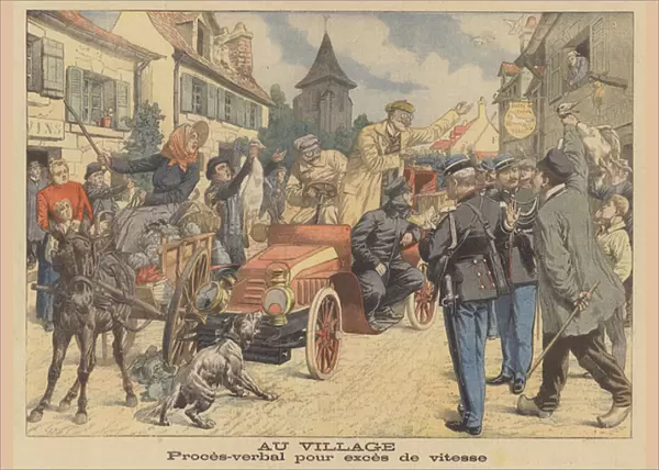 A motorist accused of speeding in a French village (colour litho)