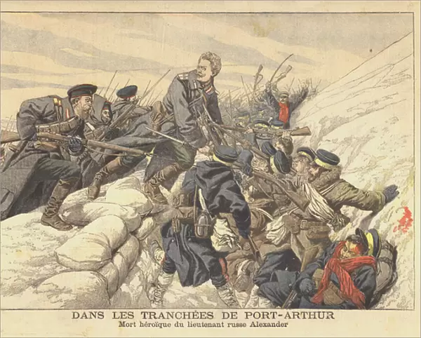 Fighting in the trenches at Port Arthur, Russo-Japanese War (colour litho)