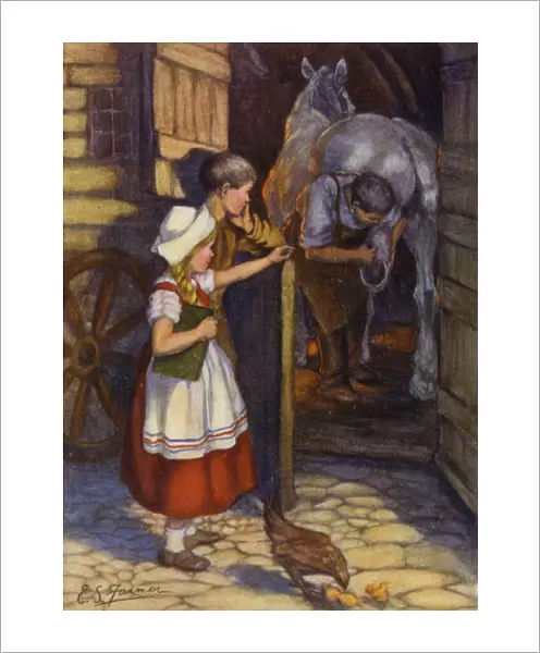 Evangeline and Gabriel at the forge (colour litho)