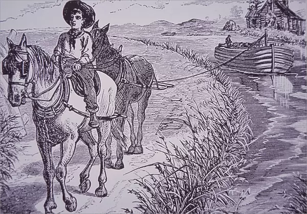 Horses pulling canal boat on towpath, Erie Canal (engraving)