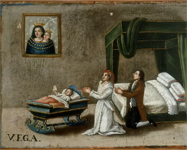Parents praying for grace for their daughter in the crib, ex-voto