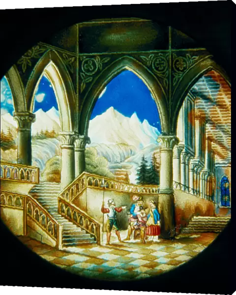 Plate painted by hand, for Magic Lantern made in Germany, depicting an interior view of a palace and a landscape, first half of 19th century